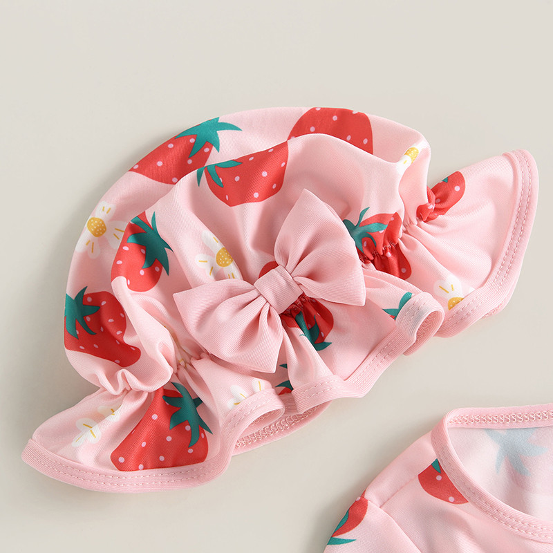 Pikkade varrukatega armas väikelaste beebitüdrukute ujumisriided rannariided Rash Guard ujumistrikoo Armas maasikamustriga ujumiskostüüm + päikesemütsi komplekt