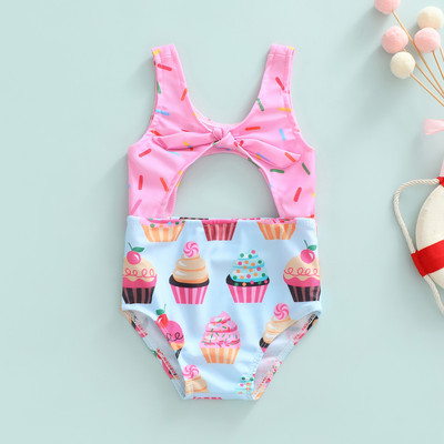 1-6 Y Toddler Baby Girls Cute Cake/Biscuit Printed Swimsuit Kids Sleeveless Hollow Backless Romper Tops Swimwear Bathing Suit