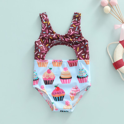 1–6-aastased väikelapsed, tüdrukud, armsad koogi/küpsise trükiga ujumistrikoo, varrukateta, õõnsad, seljata püksid, ujumisriided, ujumiskostüümid