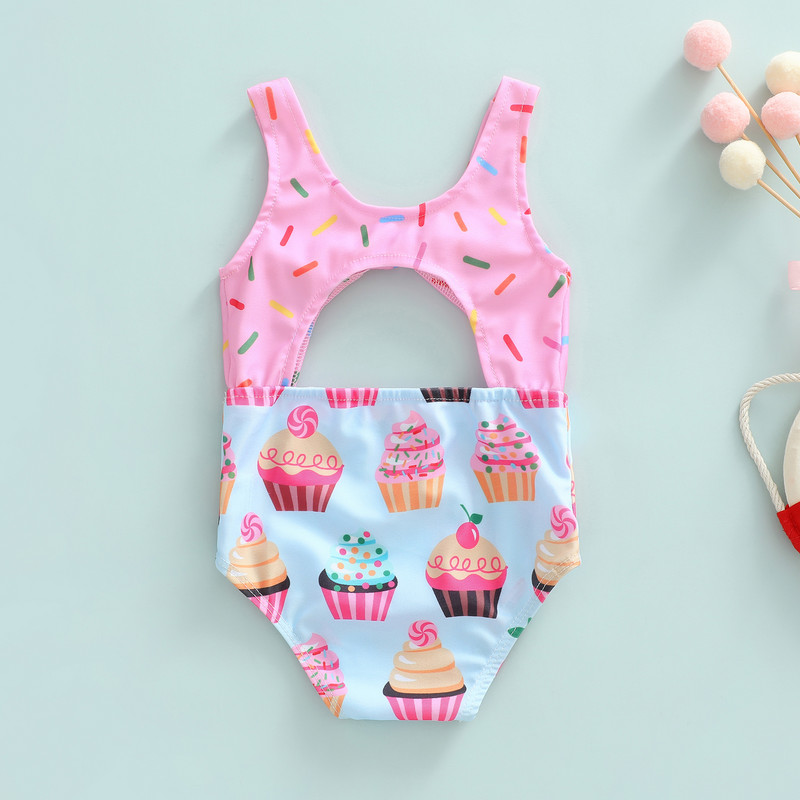 1–6-aastased väikelapsed, tüdrukud, armsad koogi/küpsise trükiga ujumistrikoo, varrukateta, õõnsad, seljata püksid, ujumisriided, ujumiskostüümid