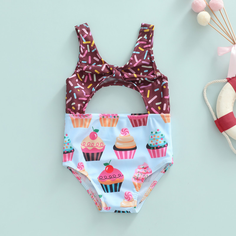 1–6-aastased väikelapsed, tüdrukud, armsad koogi/küpsise trükiga ujumistrikoo, varrukateta, õõnsad, seljata püksid, ujumisriided, ujumiskostüümid