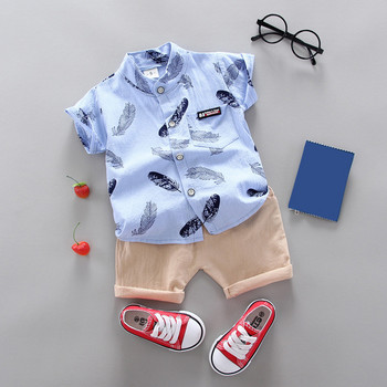 Нови летни комплекти дрехи за момченце Детски дрехи Памучна щампа Риза с къс ръкав + къси панталонки Комплект Дрехи за момче
