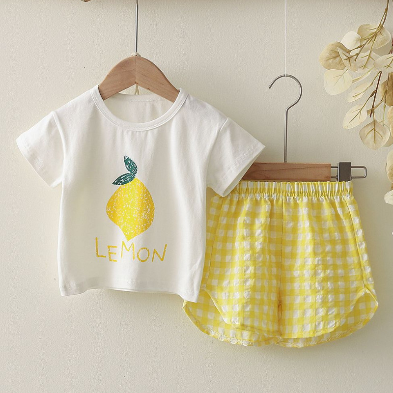 Kokvilnas zīdaiņu meiteņu zēnu apģērbi bērniem vasaras komplekti ar īsām piedurknēm T-krekls rūtaini šorti uzvalks maziem bērniem treniņtērps atpūtas apģērbs