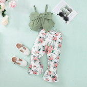 Vaikiški rūbai Mergaitėms Vienspalviai Bowknot Camisoles Be rankovių Sling Tops Gėlėtais raštais Micro Flare Kelnės 2vnt Vaikiški rinkiniai