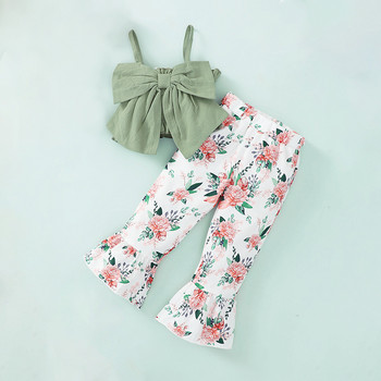 Παιδικά Ρούχα Κοριτσίστικα Μονόχρωμα Φιόγκο Καμιζόλες Αμάνικα Sling Tops ρεζερβουάρ Floral Print Micro Flare Pants 2τμχ Παιδικά Σετ