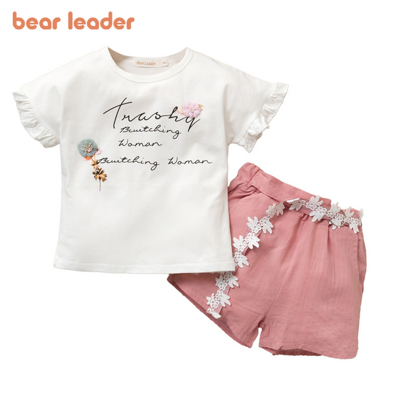 Bear Leader mergaičių drabužių rinkiniai vaikams nuo 3 iki 7 metų marškinėlių spausdinimo su antkakliu viršutinė dalis su laisvalaikio trumpomis kelnaitėmis 2 vnt Princesės drabužiai vaikui