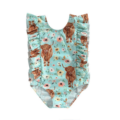 Modni kupaći kostimi za malu djecu, djevojčice, 1-5 godina Bodi s rukavima s volanima, goveda, kupaći kostimi, kupaći kostimi Odjeća za plažu