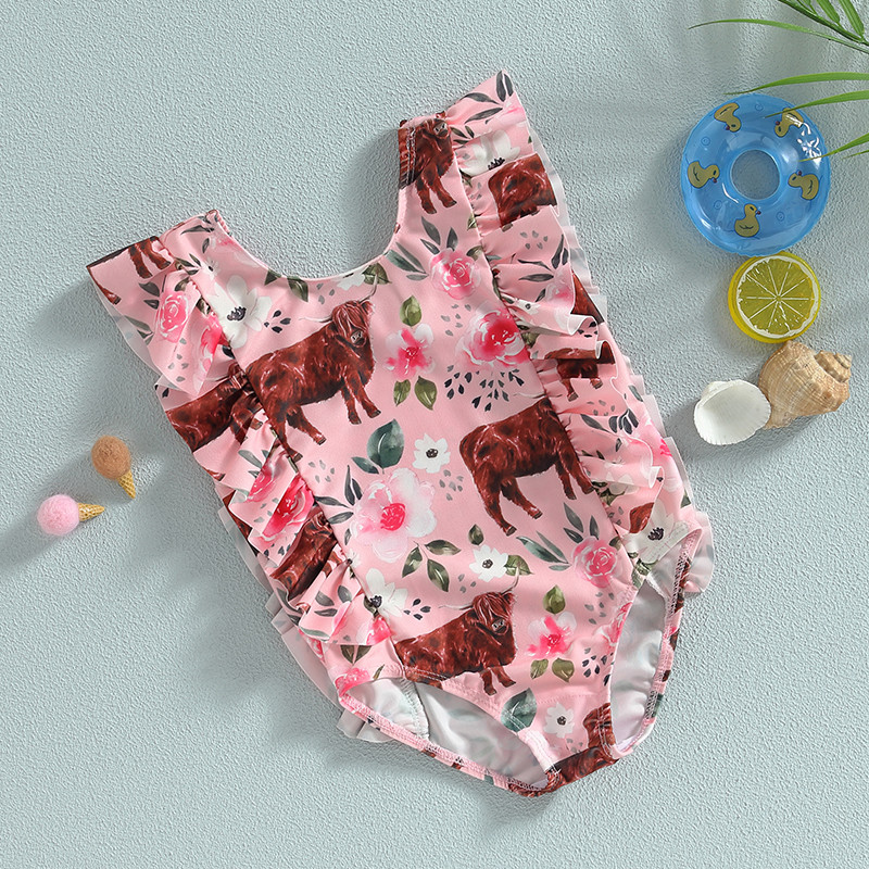 Modni kupaći kostimi za malu djecu, djevojčice, 1-5 godina Bodi s rukavima s volanima, goveda, kupaći kostimi, kupaći kostimi Odjeća za plažu