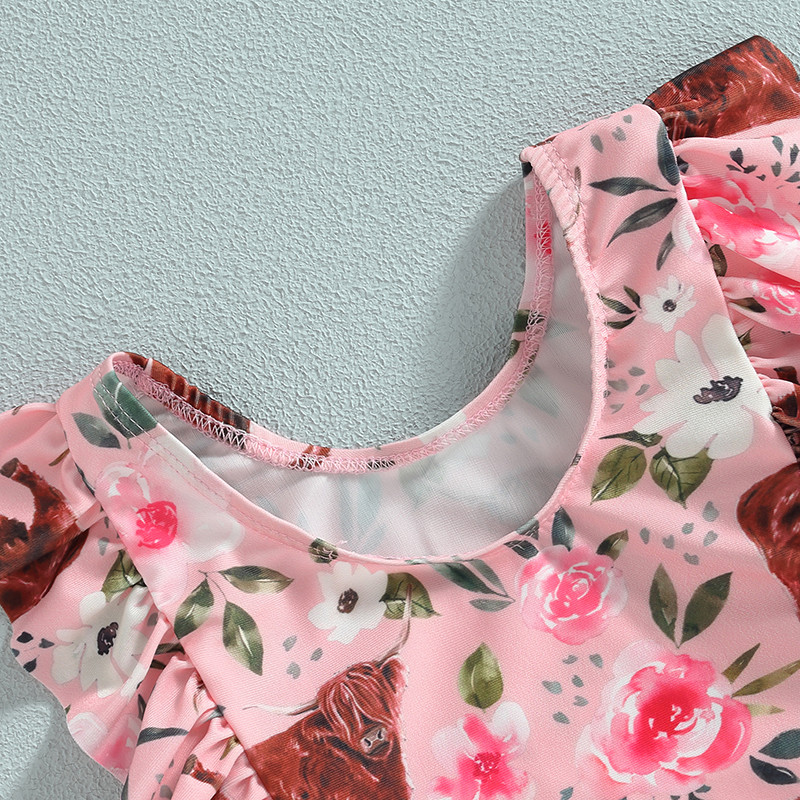 Modni kupaći kostimi za malu djecu, djevojčice, 1-5 godina Bodi s rukavima s volanima, goveda, kupaći kostimi, kupaći kostimi Odjeća za plažu