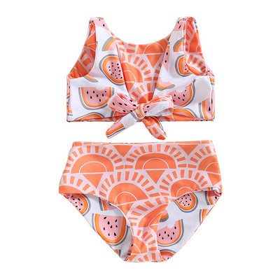 Módne letné batoľacie detské dievčenské plavky s potlačou melónu, obojstranné bez rukávov, s mašľou, crop top + šortky, plavky