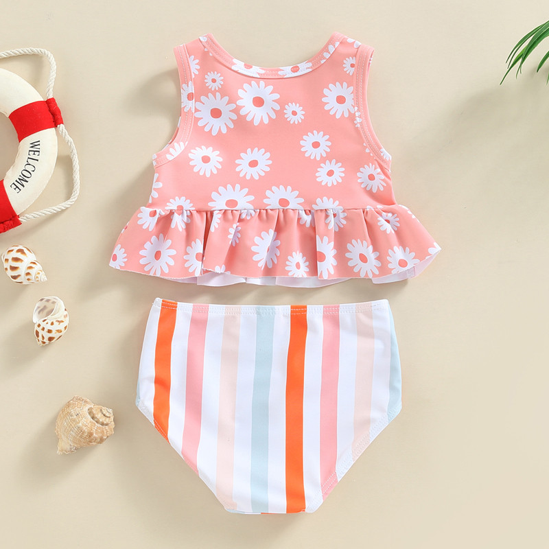 Zīdaiņiem, mazuļiem, mazuļiem, bērniem, meitenēm, bikini komplekti ar ziedu apdruku bez piedurknēm volāni, topi Šorti, bērnu pludmales apģērbi, peldkostīmi, peldkostīmi