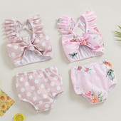 Letné bikiny pre batoľatá a bábätká, dievčenské, sety, volánové topy s mašľou a krátkymi rukávmi + bodkované/kvetinové šortky, plavky