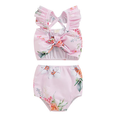 Letné bikiny pre batoľatá a bábätká, dievčenské, sety, volánové topy s mašľou a krátkymi rukávmi + bodkované/kvetinové šortky, plavky