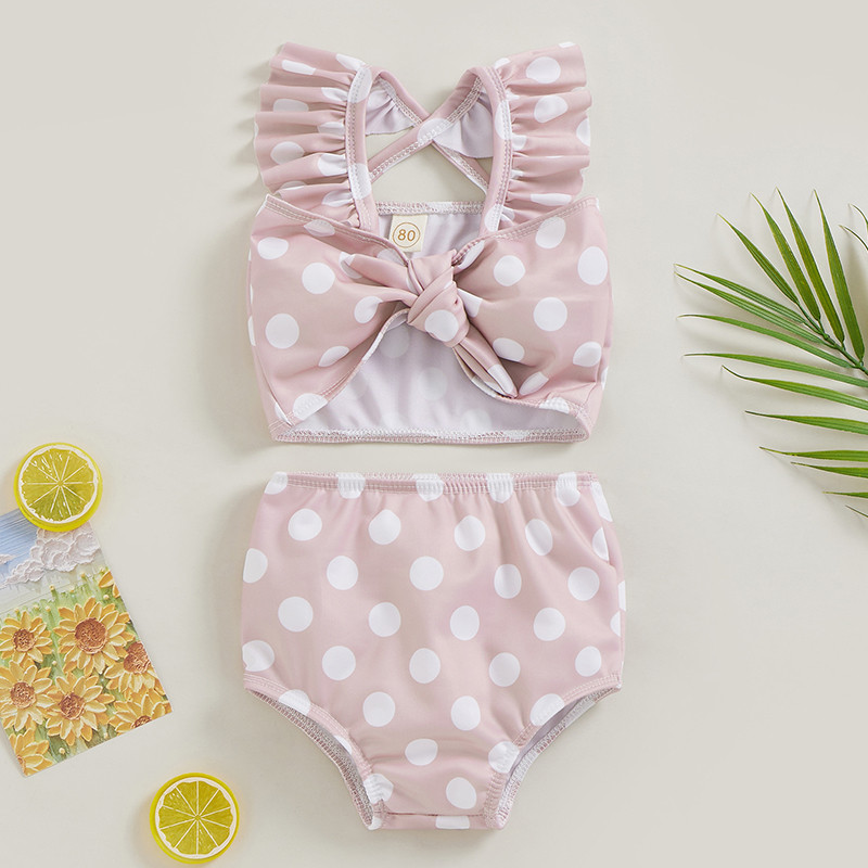 Letné bikiny pre batoľatá a bábätká, dievčenské, sety, volánové topy s mašľou a krátkymi rukávmi + bodkované/kvetinové šortky, plavky