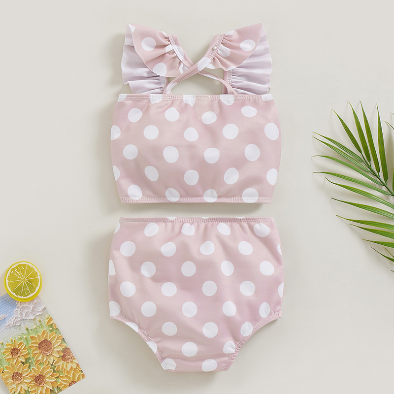 Letné bikiny pre batoľatá a bábätká, dievčenské, sety, volánové topy s mašľou a krátkymi rukávmi + bodkované/kvetinové šortky, plavky