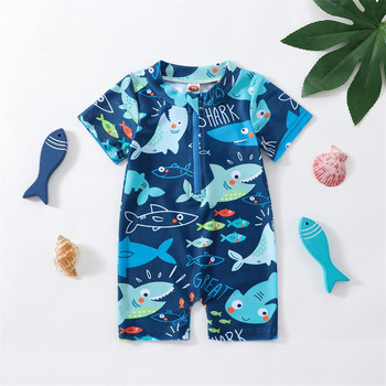 Детски летен бански за момчета Ежедневен гащеризон с цип и къс ръкав с щампа на акула Бански плажно облекло