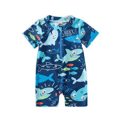 Детски летен бански за момчета Ежедневен гащеризон с цип и къс ръкав с щампа на акула Бански плажно облекло