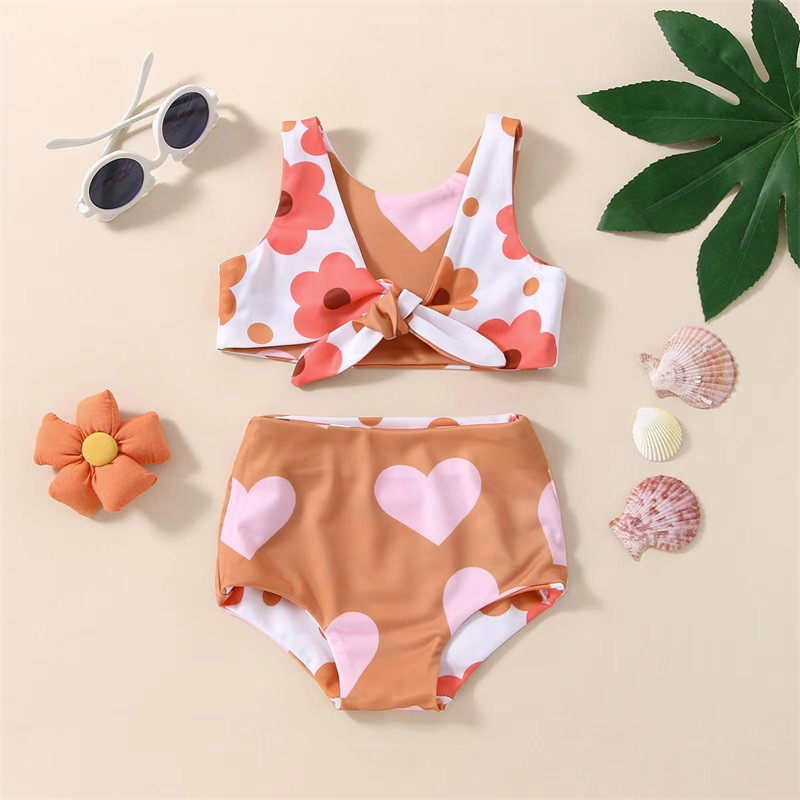Mazu bērnu meiteņu puķu bikini komplekts ar grozāmu bezpiedurkņu peldkostīmu bez aizmugures Bowknot pludmales apģērbs vasaras peldkostīms peldkostīms