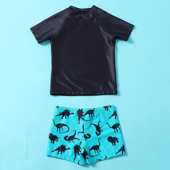 Прохождащи деца Бебешки момчета Бански костюми Тениска с щампи с анимационни букви и динозаври Комплект къси панталони Летен бански костюм Плажно облекло за плуване Костюм 2021
