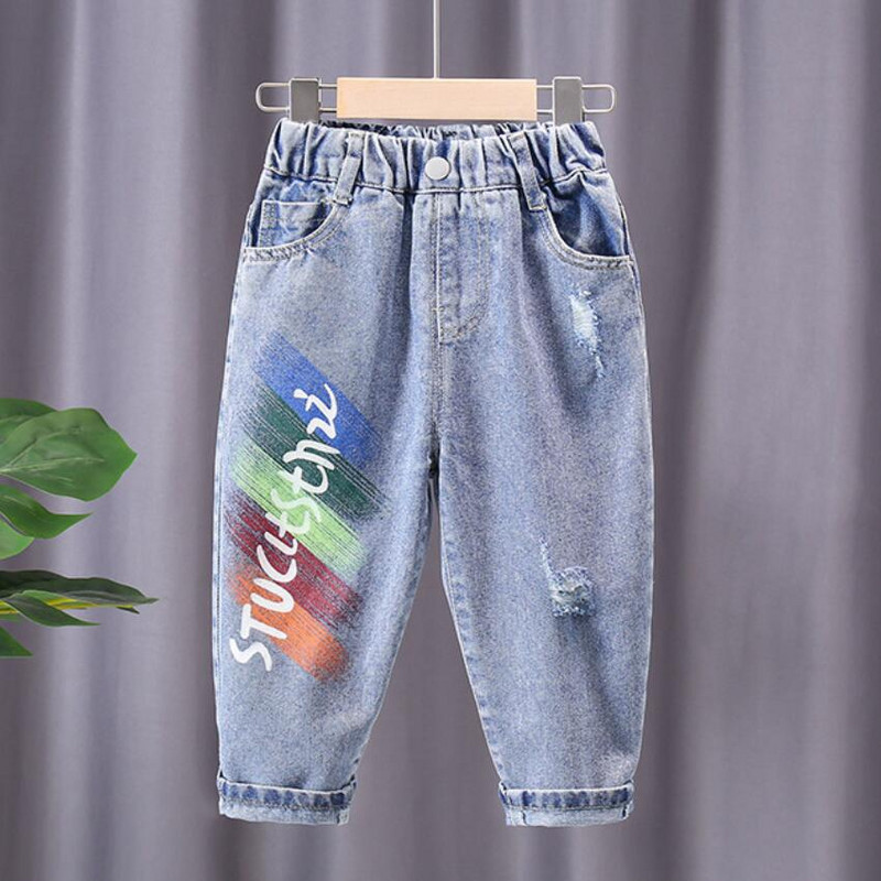 Zēnu brīvi džinsi caurumu džinsa bikses modes bērni Dienvidkorejas stils ikdienas zēni kovboju bikses mazulis bērns 2 3 4 5 6 7 8 gadi