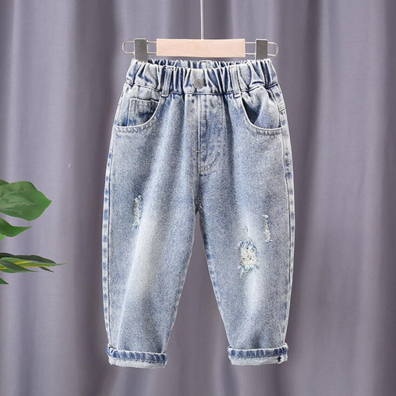 Zēnu brīvi džinsi caurumu džinsa bikses modes bērni Dienvidkorejas stils ikdienas zēni kovboju bikses mazulis bērns 2 3 4 5 6 7 8 gadi