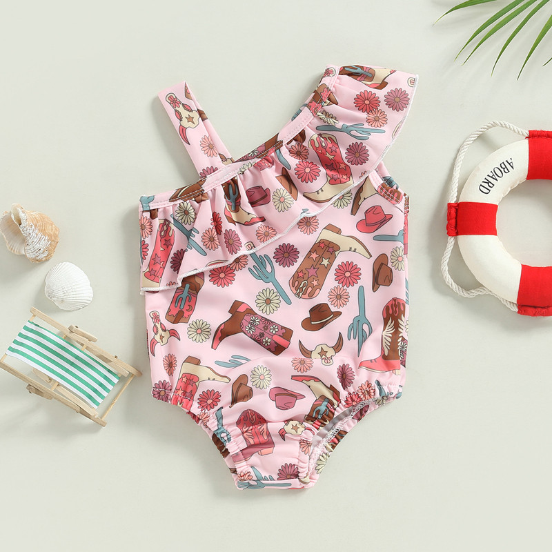 Vasaras jaundzimušo meiteņu peldkostīmi peldkostīmi 0-3 g. viena pleca volāni zābaki Kaktusa ziedu apdrukas bodiji Bikini pludmales apģērbi