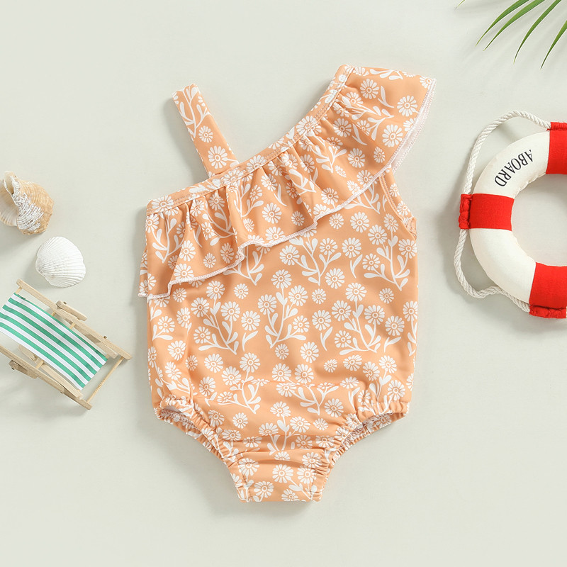 Vasaras jaundzimušo meiteņu peldkostīmi peldkostīmi 0-3 g. viena pleca volāni zābaki Kaktusa ziedu apdrukas bodiji Bikini pludmales apģērbi