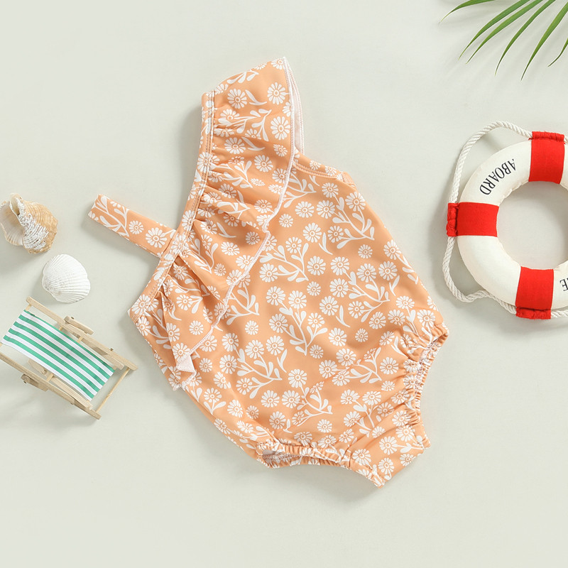 Vasaras jaundzimušo meiteņu peldkostīmi peldkostīmi 0-3 g. viena pleca volāni zābaki Kaktusa ziedu apdrukas bodiji Bikini pludmales apģērbi