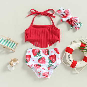 Модни летни бански костюми за малки деца, бебета и момичета, бански костюми, 0-3 години, без ръкави, къси панталони с халтер + къси панталони с принт на ягоди/цветя
