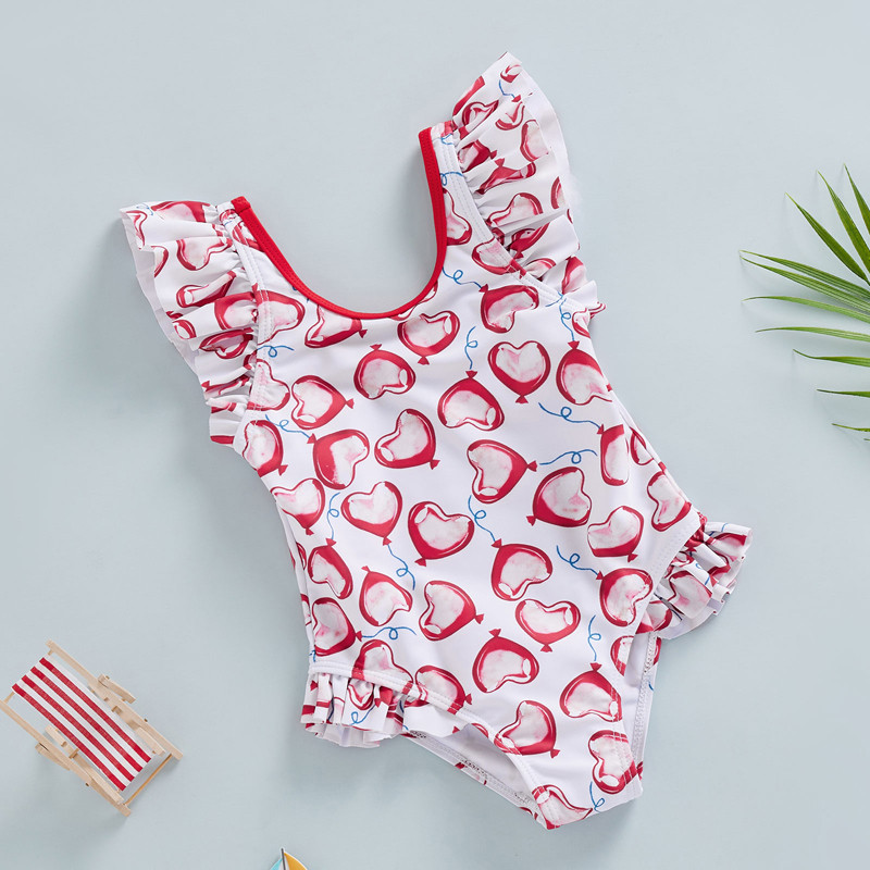 Divat Nyár Gyerekek Lányok Fürdőruha Szív Balloon Print Fodrok Rövid ujjú Body Fürdőruha Strandruhák Fürdőruhák