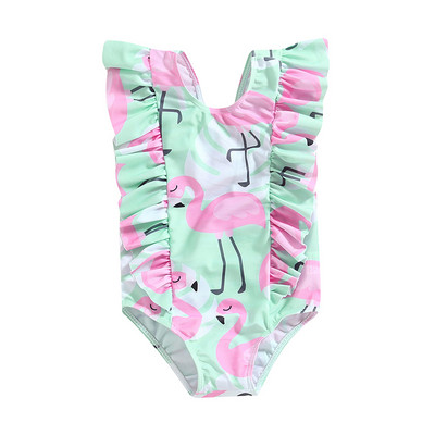 Mala djeca Djece Djevojčice Ljetni bikiniji Kupaći kostimi Crtani dinosaur/flamingo/lišće Bodi bez rukava s naborima Kupaći kostimi