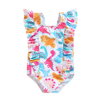 Mala djeca Djece Djevojčice Ljetni bikiniji Kupaći kostimi Crtani dinosaur/flamingo/lišće Bodi bez rukava s naborima Kupaći kostimi