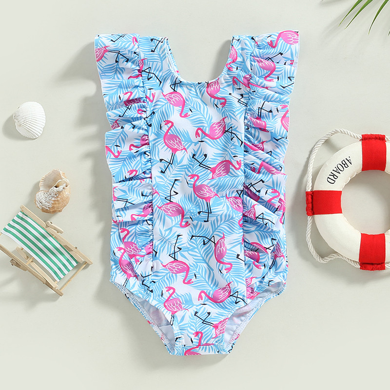 Mala djeca Djece Djevojčice Ljetni bikiniji Kupaći kostimi Crtani dinosaur/flamingo/lišće Bodi bez rukava s naborima Kupaći kostimi