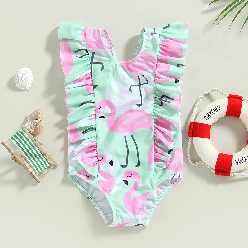 Mala djeca Djece Djevojčice Ljetni bikiniji Kupaći kostimi Crtani dinosaur/flamingo/lišće Bodi bez rukava s naborima Kupaći kostimi