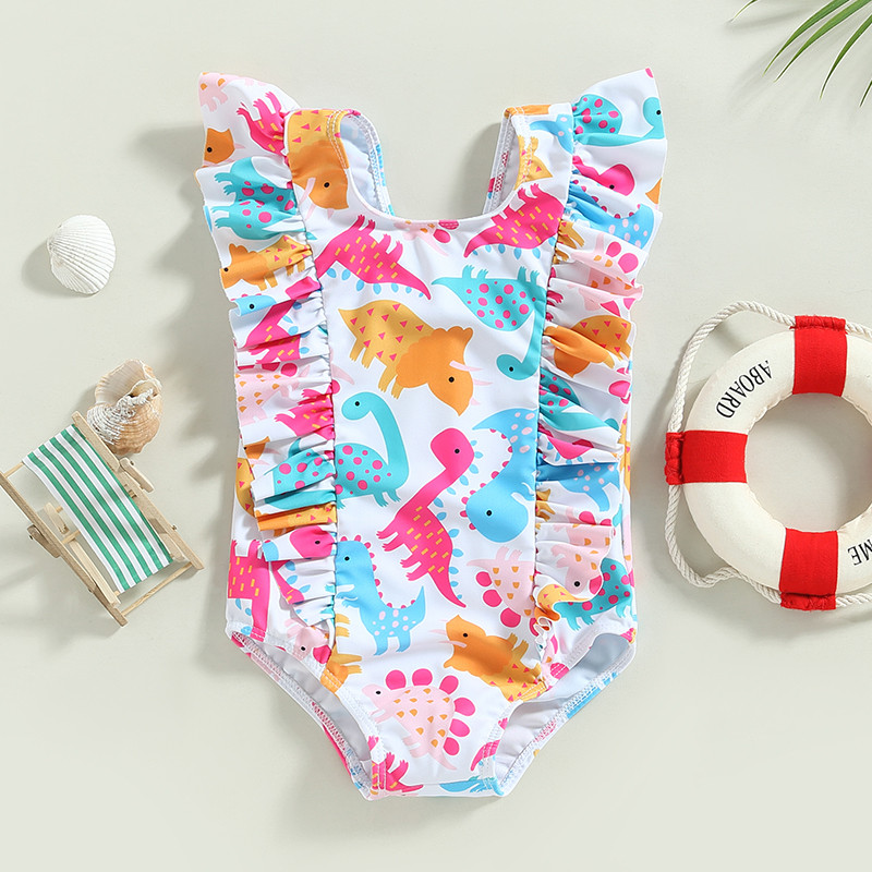 Mala djeca Djece Djevojčice Ljetni bikiniji Kupaći kostimi Crtani dinosaur/flamingo/lišće Bodi bez rukava s naborima Kupaći kostimi