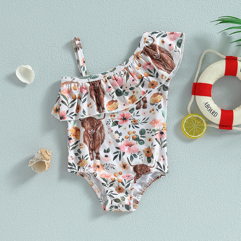Modni Ljetni kupaći kostimi za malu djecu, djevojčice, govedo, cvjetni print, bez rukava, bodi na jedno rame, bikini odjeća za plažu
