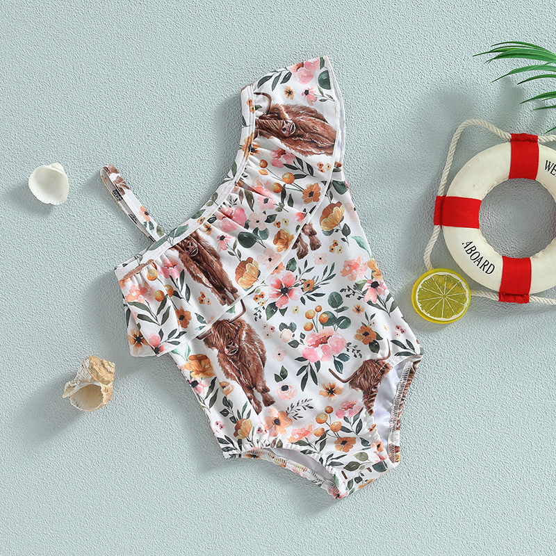 Modni Ljetni kupaći kostimi za malu djecu, djevojčice, govedo, cvjetni print, bez rukava, bodi na jedno rame, bikini odjeća za plažu