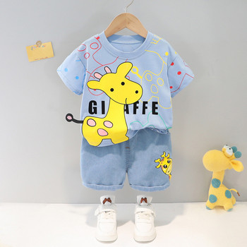 2022 г. Лятно облекло за момчета Сладък комплект детски тениски с анимационни мотиви от памук + Ежедневни панталони от 2 части Бебешки костюм за момче