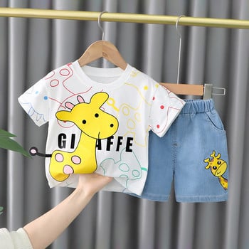 2022 г. Лятно облекло за момчета Сладък комплект детски тениски с анимационни мотиви от памук + Ежедневни панталони от 2 части Бебешки костюм за момче