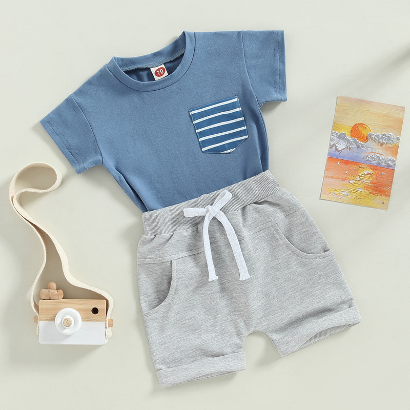 FOCUSNORM 0-3Y Baby Dječaci Kompleti odjeće za povremenu upotrebu, majica kratkih rukava s prugama i džepovima s elastičnim strukom, kratke hlače, ljetna odjeća