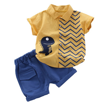 Летни дрехи за малко бебе, момче, сладки горнища с динозаври Къси сини панталони 2 бр. Oitfits Комплект ежедневни дрехи с къс ръкав и памучен принт