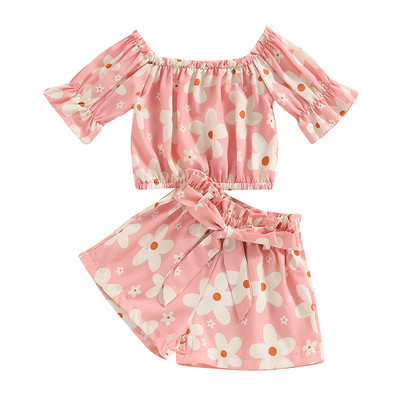 FOCUSNORM 1-5Y Gyerek Lányok Nyári Ruhakészletek 2db Virágmintás Rövid ujjú Vállfelső Elasztikus derék masnis rövidnadrág