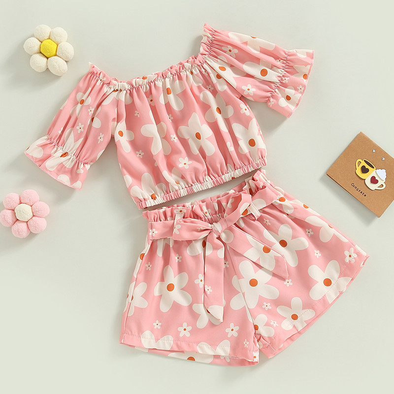 FOCUSNORM 1-5Y Gyerek Lányok Nyári Ruhakészletek 2db Virágmintás Rövid ujjú Vállfelső Elasztikus derék masnis rövidnadrág