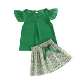 Modna ljetna odjeća za malu djecu, djevojčice, jednobojna majica kratkih rukava s letećim rukavima + set mini suknji s cvjetnim uzorkom