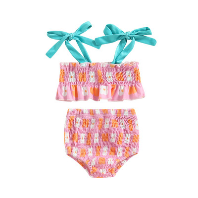 EWODOS Detské dievčenské sladké plavky Bikini Set Šnurovanie Volánový Tielko s Plisovanými Nohavicami Kvetinová Potlač Kontrastné Farebné Plavky