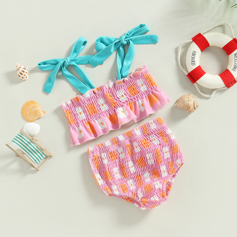 EWODOS Detské dievčenské sladké plavky Bikini Set Šnurovanie Volánový Tielko s Plisovanými Nohavicami Kvetinová Potlač Kontrastné Farebné Plavky