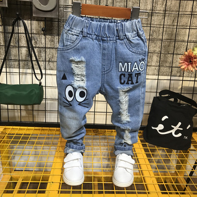 Korea stiilis uued laste teksad Kevad-sügis poisid Mood Hole sirge silinder vabaaja teksad elastne vöökoht lastele lahtised püksid