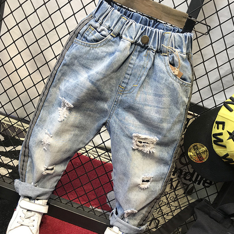 Korea stiilis uued laste teksad Kevad-sügis poisid Mood Hole sirge silinder vabaaja teksad elastne vöökoht lastele lahtised püksid