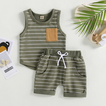 Citgeett Summer Kids Baby Boy Outfits Раирани горнища без ръкави и ежедневни шорти Комплект дрехи с джоб