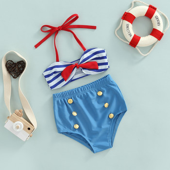 18M-6Y Бебе, малко дете, бебе, дете, момичета Комплекти бикини с панделка Къси шорти с копчета Бански костюм Детско плажно облекло Бански костюм D01